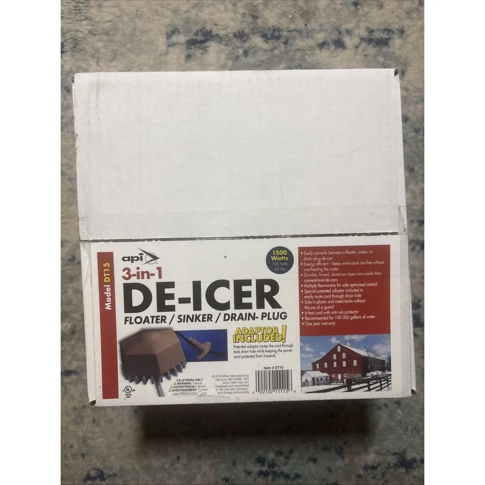 API 3-in-1 De-Icer 1500W Floating Sinking Drain Plug Live Stock Tank Heater